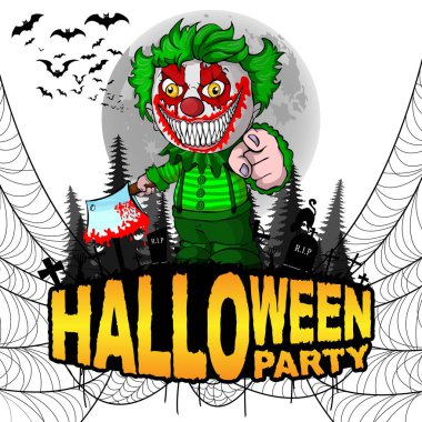 Cadılar Bayramı partisi Poster beyaz izole arka planda şeytani palyaço ile. Vektör çizim.