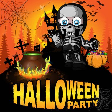 Cadılar Bayramı partisi Poster bir takım elbise iskelet çocukla. Vektör çizim.