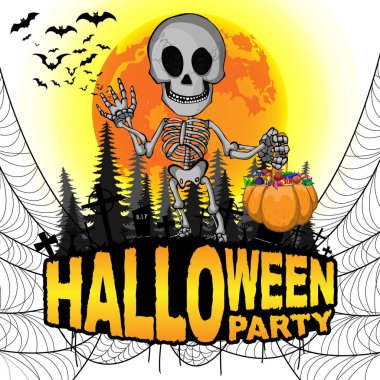 Cadılar Bayramı partisi Poster ile iskelet üzerinde beyaz bir arka plan izole. Vektör çizim.