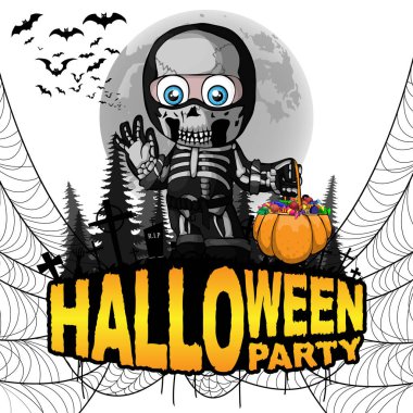 Cadılar Bayramı partisi Poster bir takım elbise iskelet çocukla. Vektör çizim.