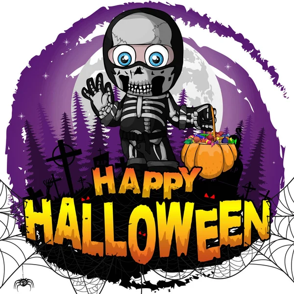 Happy Halloween Ontwerpsjabloon Met Jongen Een Skelet Pak — Stockvector