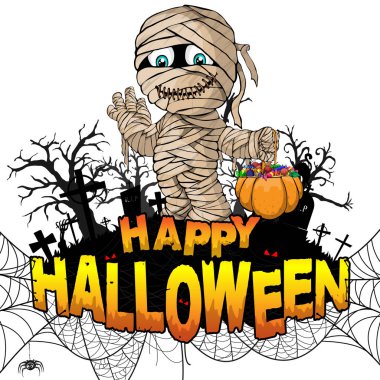 Beyaz izole arka planda mumya mutlu Halloween tasarım şablonu. Vektör çizim.