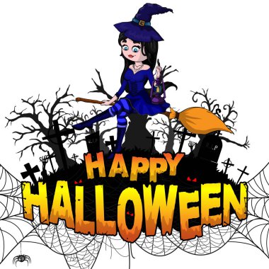 Mutlu Cadılar Bayramı tasarım şablonuyla cadı beyaz izole arka planda. Vektör çizim.