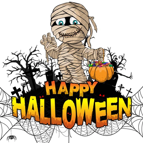 Happy Halloween Formgivningsmall Med Mumien Vit Isolerade Bakgrund Vektorillustration — Stock vektor