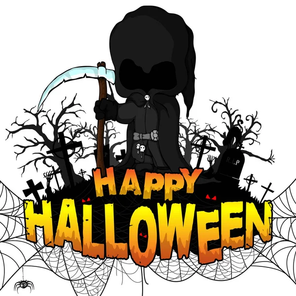 Feliz Halloween Party Poster Com Ceifeiro Escuro Fundo Isolado Branco —  Vetores de Stock