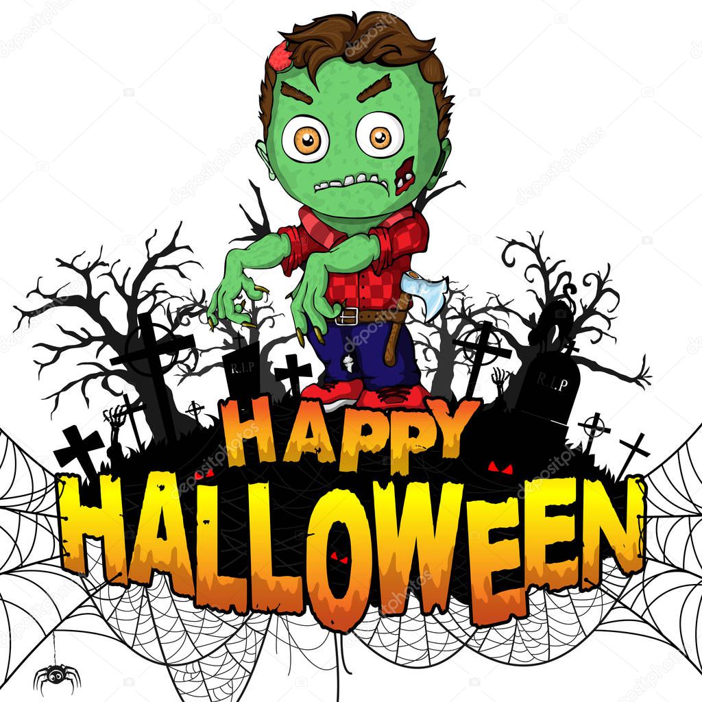 Happy Halloween poster with  zombie on white isolated background.. Vector illustration.