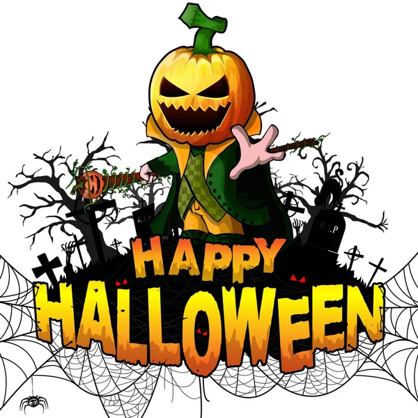 Happy Halloween Design Mall Med Pumpa Seriefigur Vit Isolerade Bakgrund — Stock vektor