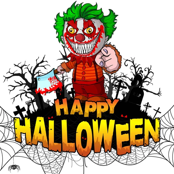 Happy Halloween Ontwerpsjabloon Met Kwade Clown Witte Geïsoleerde Achtergrond Vectorillustratie — Stockvector