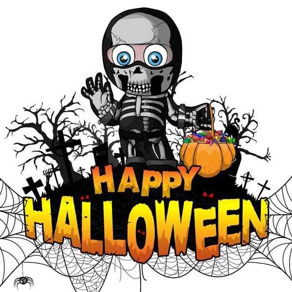 Happy Halloween Plantilla Diseño Con Niño Esqueleto Traje Sobre Fondo — Vector de stock