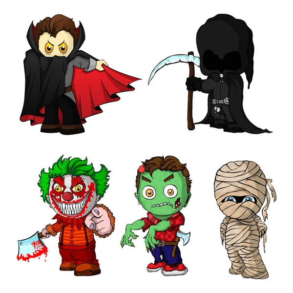 Conjunto Personagens Desenhos Animados Para Dia Das Bruxas Ilustração Vetorial —  Vetores de Stock