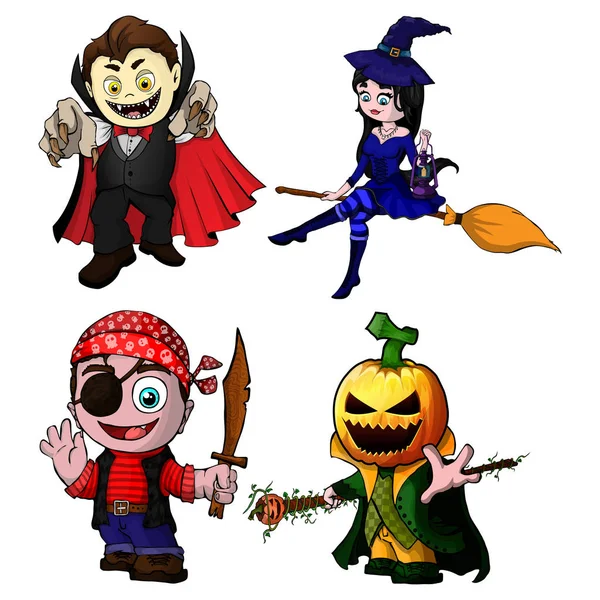 Conjunto Personajes Dibujos Animados Para Halloween Ilustración Vectorial — Vector de stock