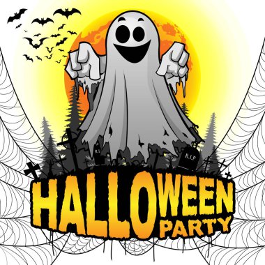 Cadılar Bayramı partisi Poster ile hayalet beyaz izole zemin üzerinde. Vektör çizim.