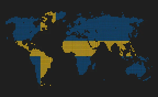 Prickade Världskarta Sverige Flagga Färger Isolerad Grå Bakgrund — Stockfoto