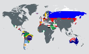 Dünya harita Rusya 2018 yılında yaklaşan Dünya Kupası futbol turnuvası için katılmak için tüm 32 ülke bayrakları ile. Uluslararası Futbol Şampiyonası.