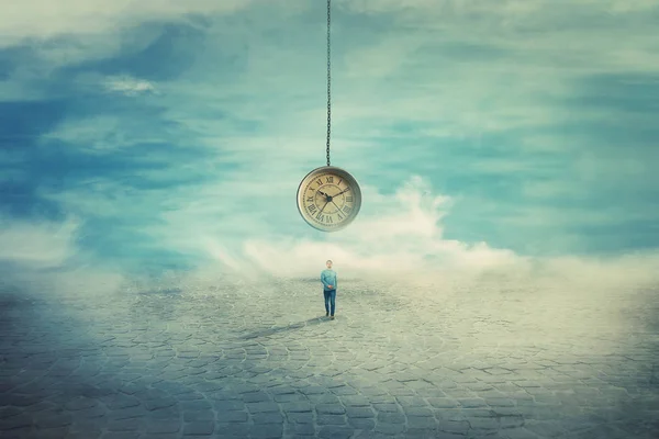 Surreal View Man Walking Pavement Road Suspended Clock His Back — Stock Photo, Image