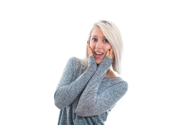Casual Blonde Girl Positively Surprised Hands Her Cheek Beautiful Young — Stock Photo, Image