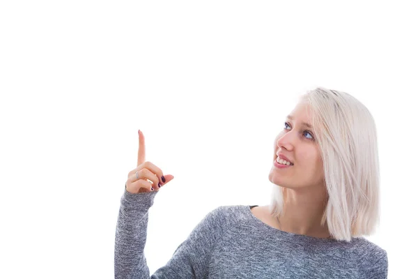 Retrato Una Estudiante Sonriente Apuntando Con Dedo Hacia Arriba Aislada —  Fotos de Stock