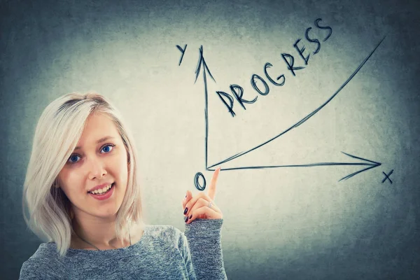 Young businesswoman financial presentation, showing with her hand a progress graph. Business growth symbol isolated on grey wall background.