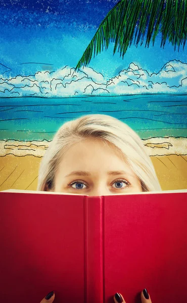 Close Portrait Blonde Student Girl Hiding Red Book Dreaming Exotic — Stock Photo, Image