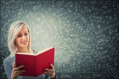 Öğretmen büyük bir karatahta önünde kırmızı bir kitap zor matematik hesaplama, formül ve denklemler çözmek deneyin. Proje fikirleri ve iş planlaması kavramı düşünüyorum.