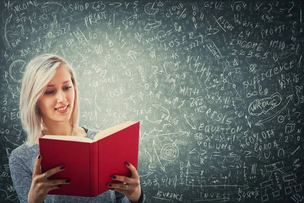 Öğretmen büyük bir karatahta önünde kırmızı bir kitap zor matematik hesaplama, formül ve denklemler çözmek deneyin. Proje fikirleri ve iş planlaması kavramı düşünüyorum.