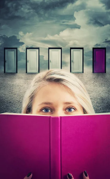 Young Woman Holding Purple Book Front Many Doors Choosing Different — Stock Photo, Image