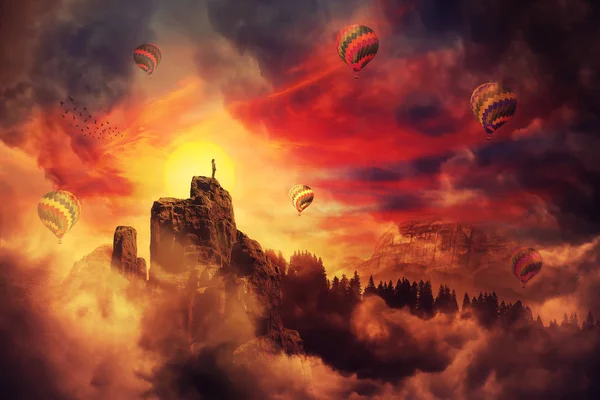 Gerçeküstü Manzara Gökyüzünde Uçan Sıcak Hava Balonları Bir Sürü Izlerken — Stok fotoğraf