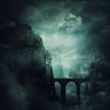 Surreal view as a lonely girl stand on a stone bridge surrounded by dark mountain cliff with castle and old buildings on the top. The forgotten kingdom, creepy background. clipart