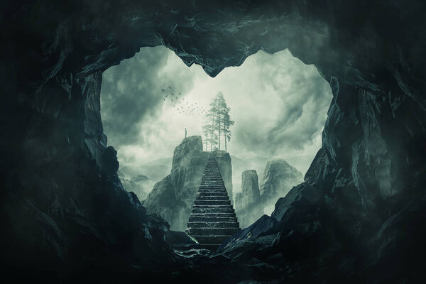Surreal view heart shaped dark cave exit and mystic stairway crossing the misty abyss going up to unknown paradise. Opportunity staircase to love, way to success, freedom concept.