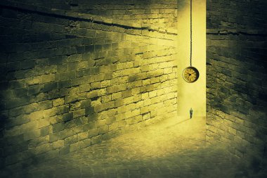 Bir adam olarak gerçeküstü görünümü girin büyük bir labirentte taş duvarlar ve askıya alınan bir saat ile sırtında gökyüzünden asılı. Zaman kavramı labirent.