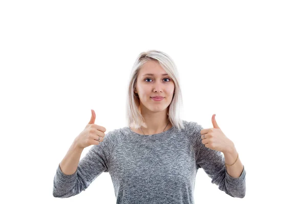 Mujer Joven Entusiasta Dando Gesto Doble Pulgar Hacia Arriba Aislado — Foto de Stock