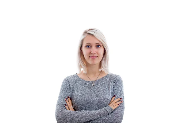 Confident Serious Woman Crossed Arms Isolated White Background — Stock Photo, Image