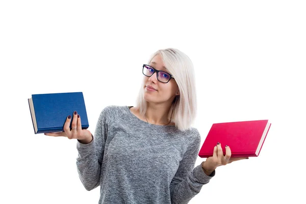 Pretty Young Student Girl Holdin Two Different Books Has Choose — Stock Photo, Image