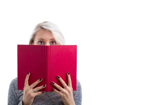 Portrait Pretty Young Girl Hiding Open Red Book Looking Scared — Stock Photo, Image