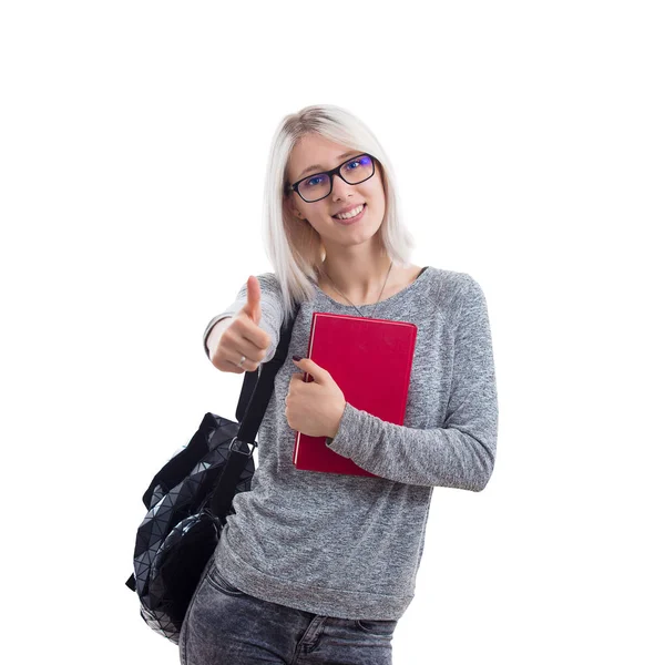 Giovane Studentessa Possesso Libro Rosso Portando Suo Spettacolo Zaino Come — Foto Stock