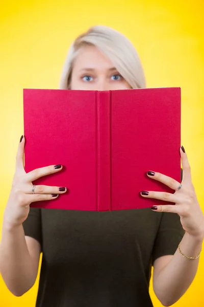 Young Woman Covering Half Face Opened Red Book Author Presentation — Stock Photo, Image