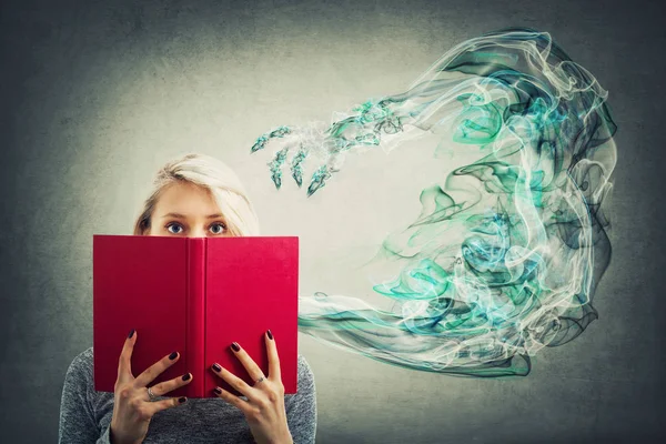 Portrait Cute Young Woman Hiding Open Red Book Reading Scary — Stock Photo, Image