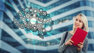 Creative student woman holding a red book and think. Gear hologram, cog wheels arranged in shape of brain. Future technology artificial intelligence. Human logic and emotions concept. clipart