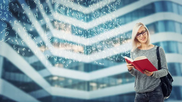 Young Student Female Backpack Glasses Reading Book Imagine Flying Alphabet — Stock Photo, Image