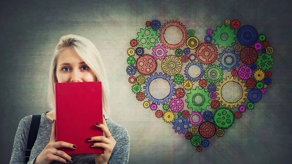 Woman Student Cover Her Mouth Using Closed Red Book Hide — Stock Photo, Image