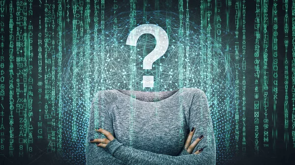 Surreal image as a woman online anonymous internet hacker with invisible face stand with crossed hands and question mark instead head, hiding identity. Matrix number codes personal data thief.