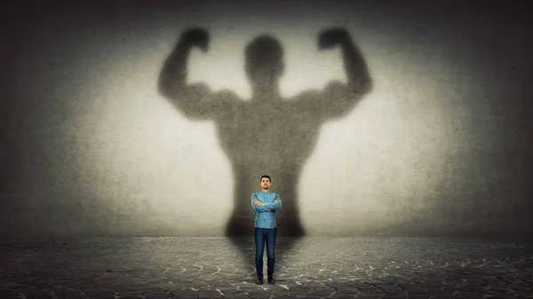 Confident Businessman Imagine Himself Powerful Hero Casting Shadow Big Strong — Stock Photo, Image