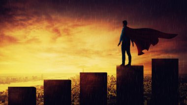 Kendine güvenen işadamı üstünde yükselen bir grafik cityscape ufuk gün batımını izlemek bir pelerin ile bir süper kahraman gibi duruyor. Sınırsız başarı kavramı, gerçeküstü süper güç metafor büyüyen.