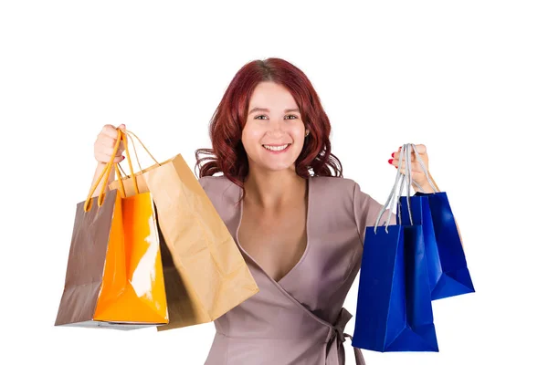 Happy Woman Holding Shopping Bags Both Hands Sale Season Isolaed Stock Photo