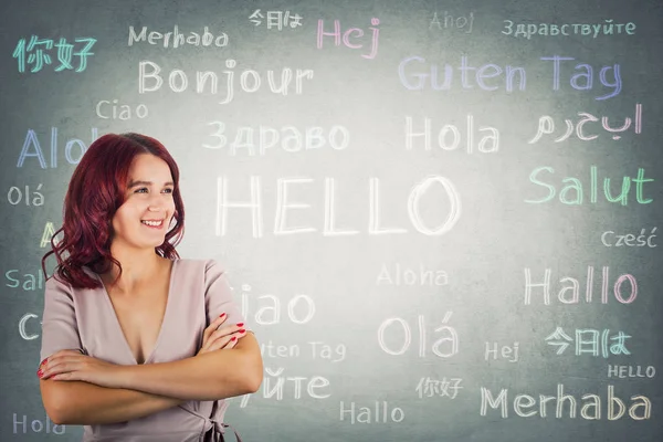 Confident Young Woman Crossed Arms Say Hallo Different Languages Opportunity — Stock Photo, Image