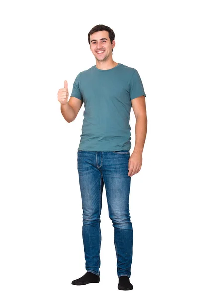 Full Length Portrait Smiling Casual Man Showing Thumb Sign Isolated — Stock Photo, Image