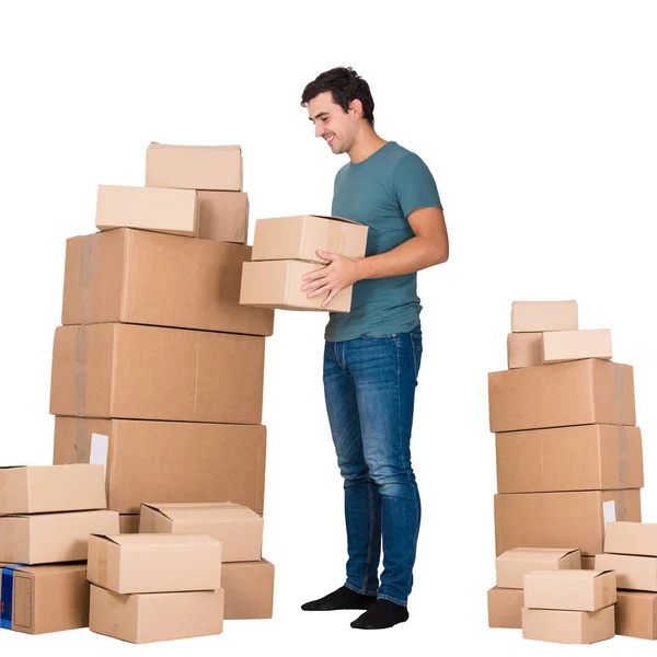 Full Length Portrait Young Man Packing Stuff Boxes Ready Move — Stock Photo, Image
