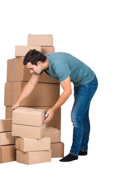 Full Length Portrait Young Man Packing Cardboard Boxes Isolated White — Stock Photo, Image