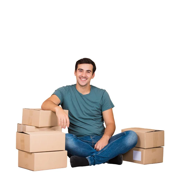 Young Excited Man Sitting Floor Lean Cardboard Boxes Ready Moving — Stock Photo, Image