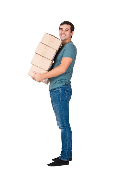 Side View Full Length Portrait Young Man Carrying Cardboard Boxes — Stock Photo, Image